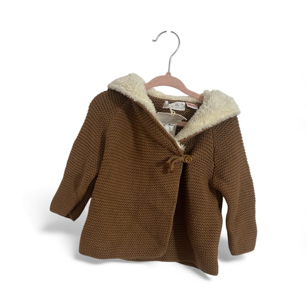 Zara Brown Knit Kids Jacket with Faux Fur Collar